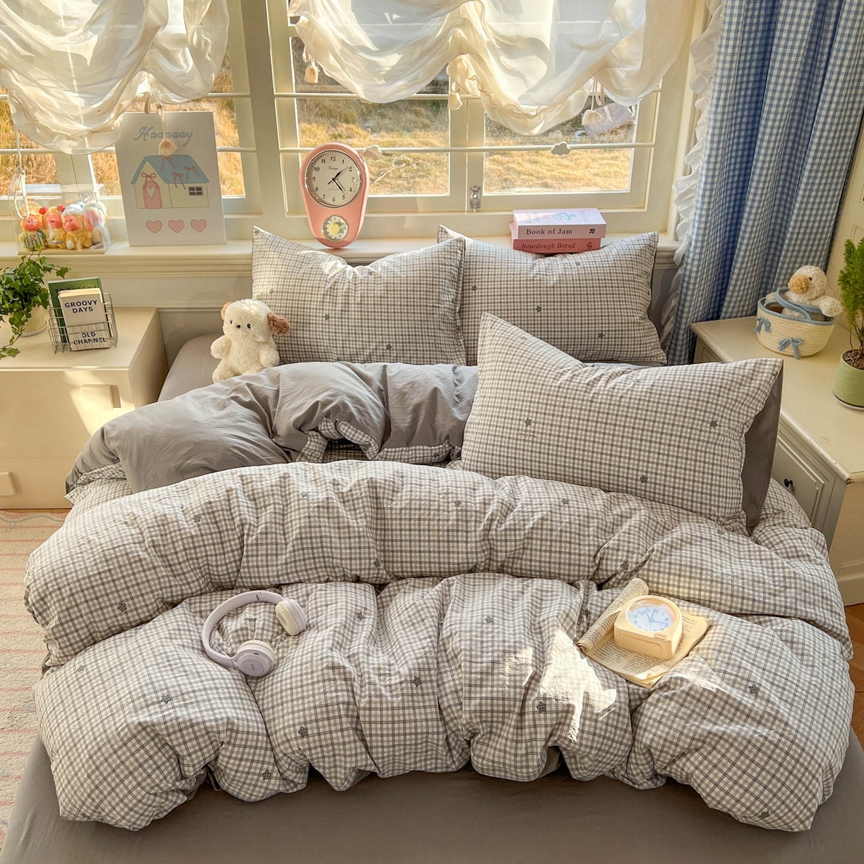 91家纺网 家纺一手货源 找家纺 思诺羽床笠 2026新款古法水洗仿棉云感棉三件套四件套 星星格纹