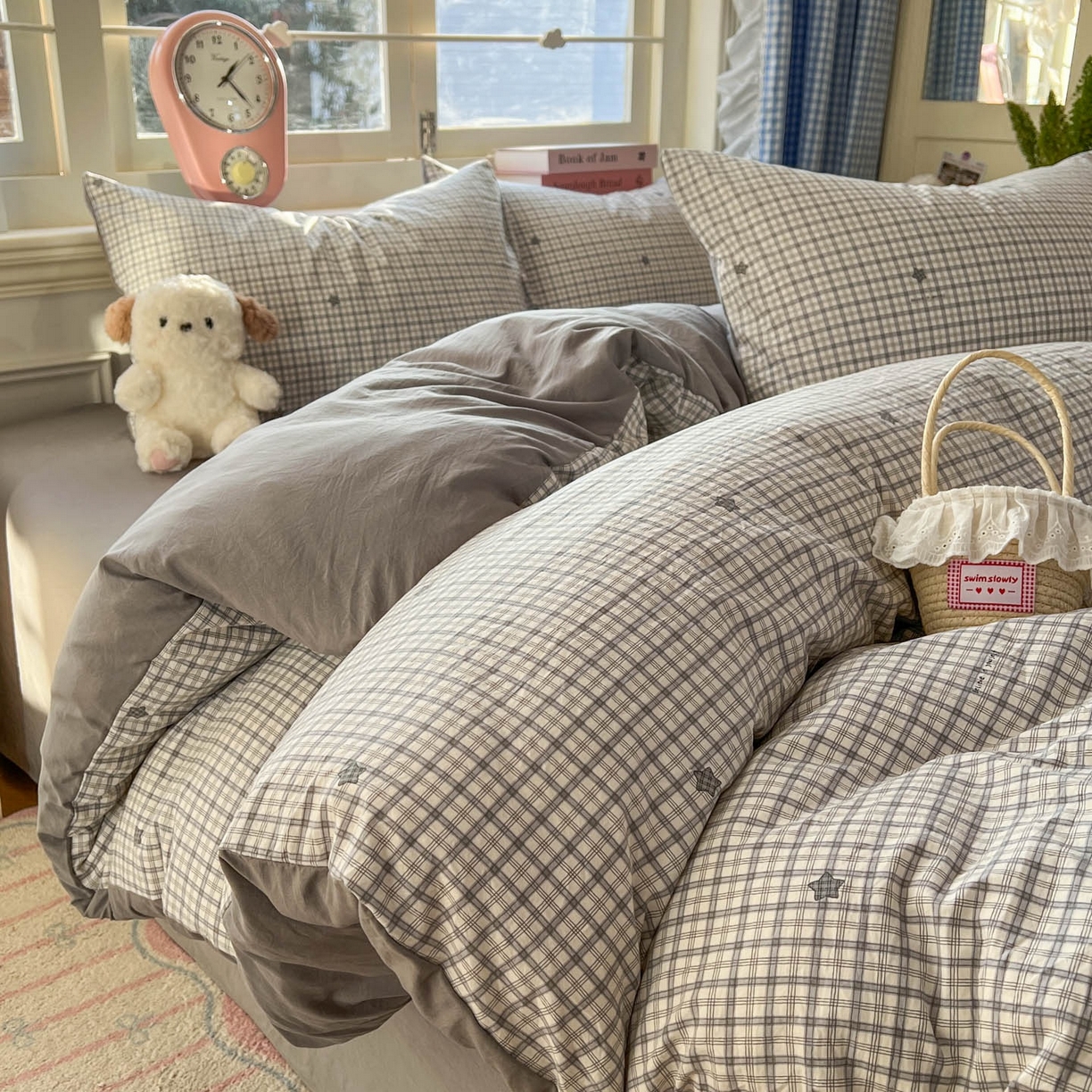 91家纺网 家纺一手货源 找家纺 思诺羽床笠 2026新款古法水洗仿棉云感棉三件套四件套 星星格纹