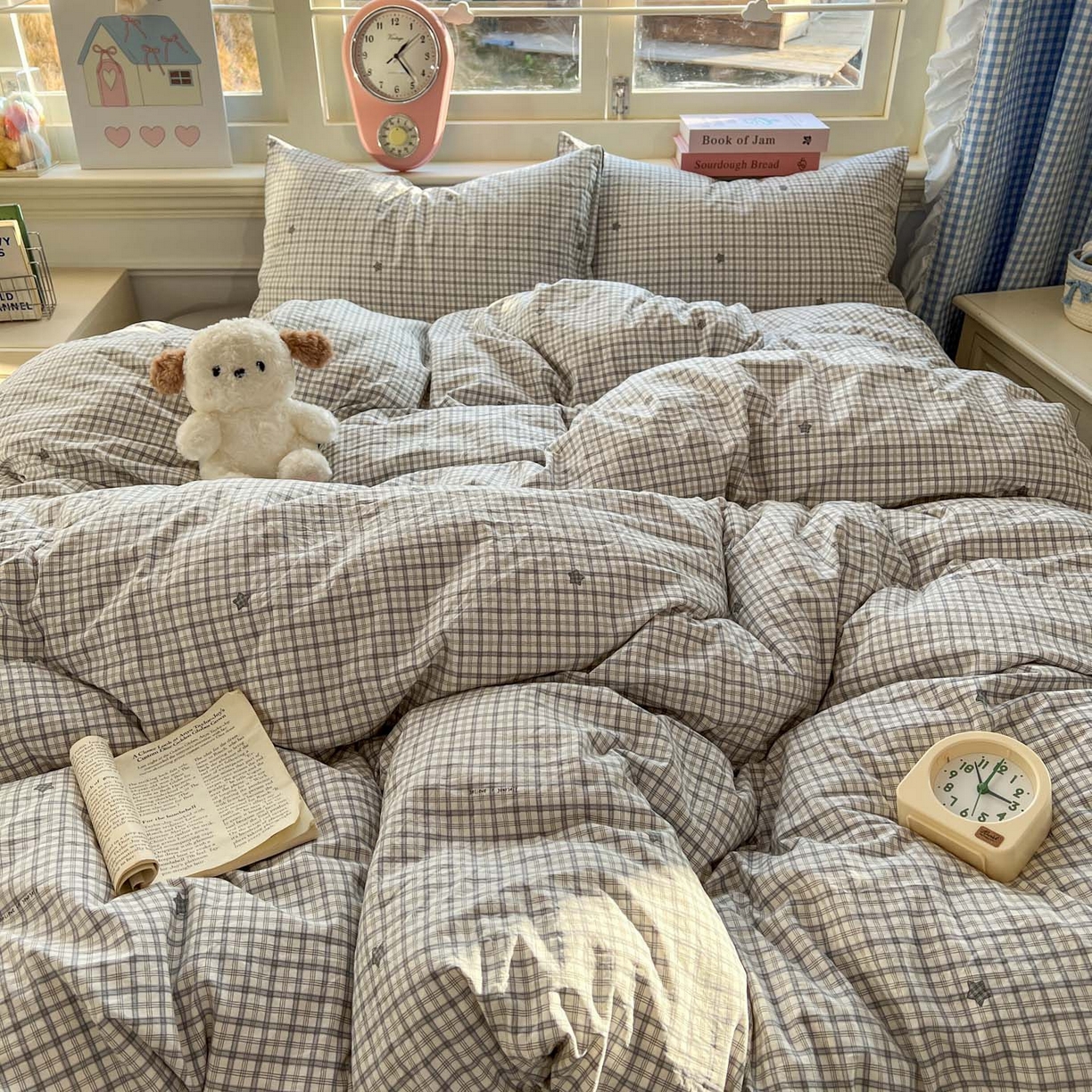 91家纺网 家纺一手货源 找家纺 思诺羽床笠 2026新款古法水洗仿棉云感棉三件套四件套 星星格纹