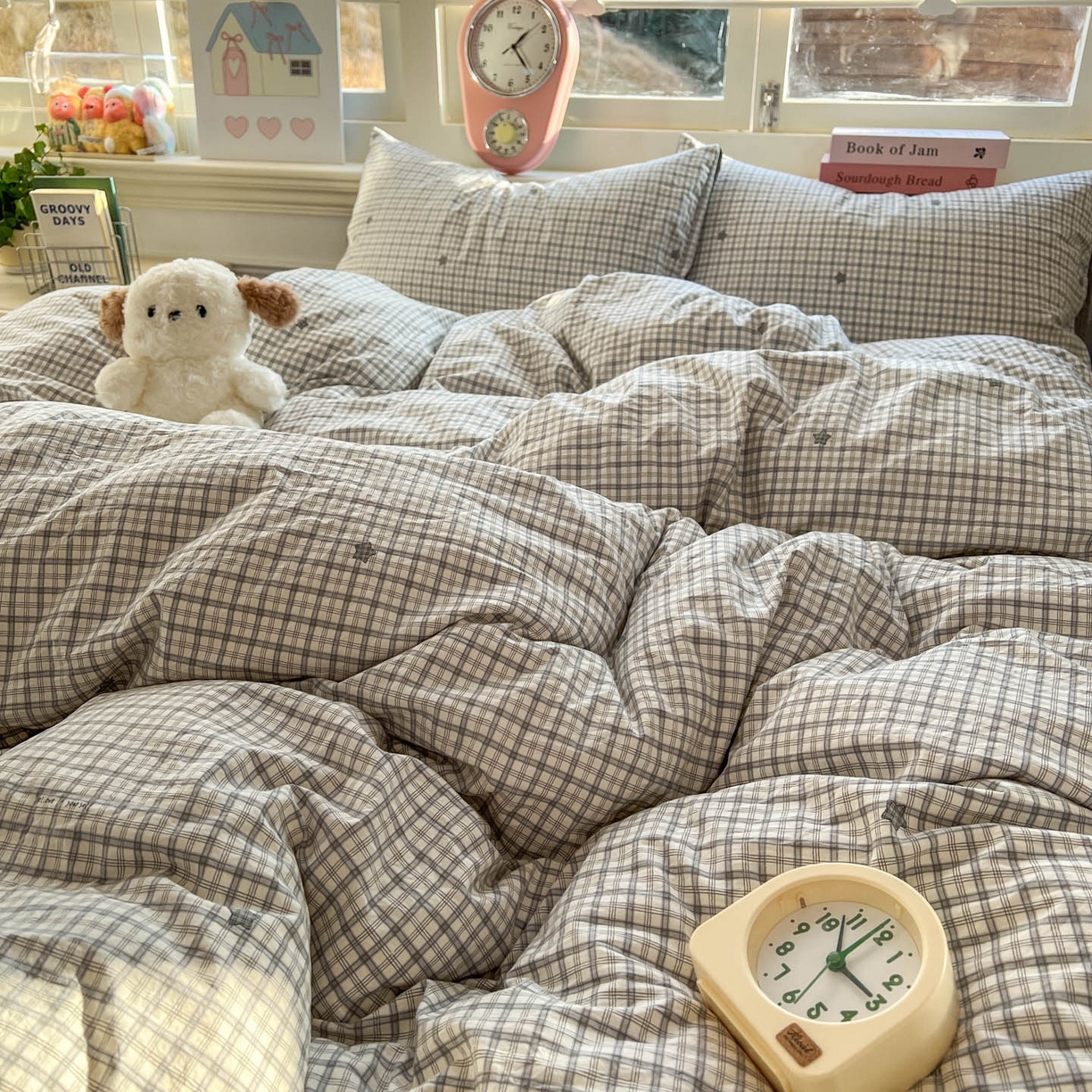 91家纺网 家纺一手货源 找家纺 思诺羽床笠 2026新款古法水洗仿棉云感棉三件套四件套 星星格纹