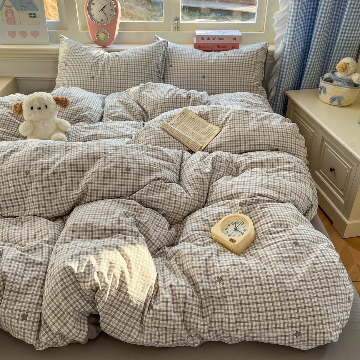 91家纺网 家纺一手货源 找家纺 思诺羽床笠 2026新款古法水洗仿棉云感棉三件套四件套 星星格纹