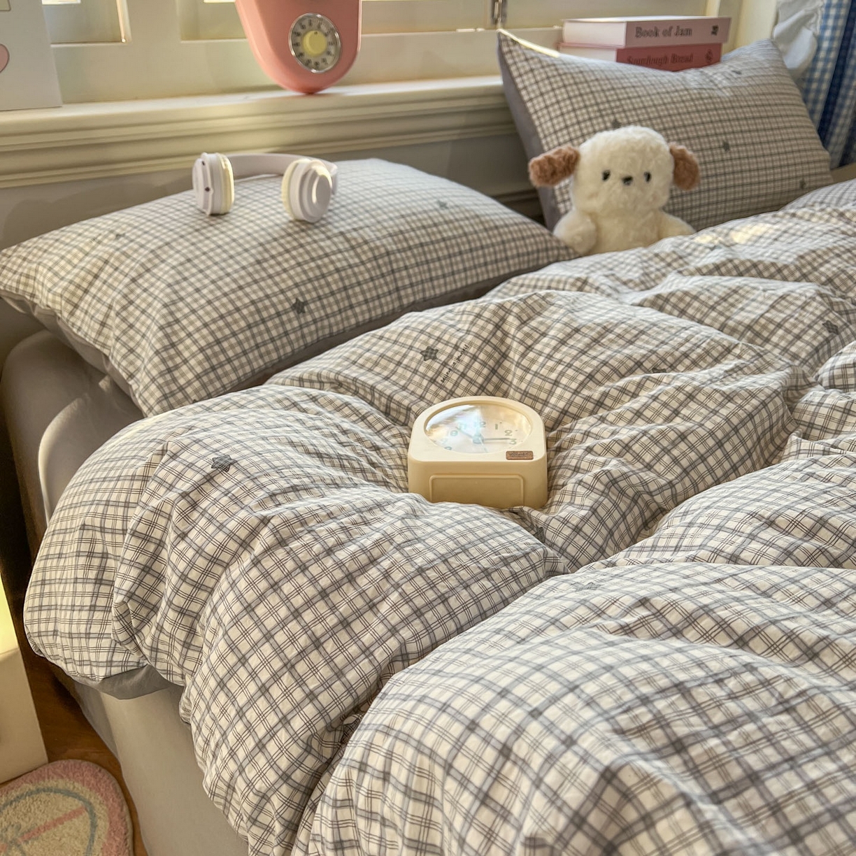 91家纺网 家纺一手货源 找家纺 思诺羽床笠 2026新款古法水洗仿棉云感棉三件套四件套 星星格纹