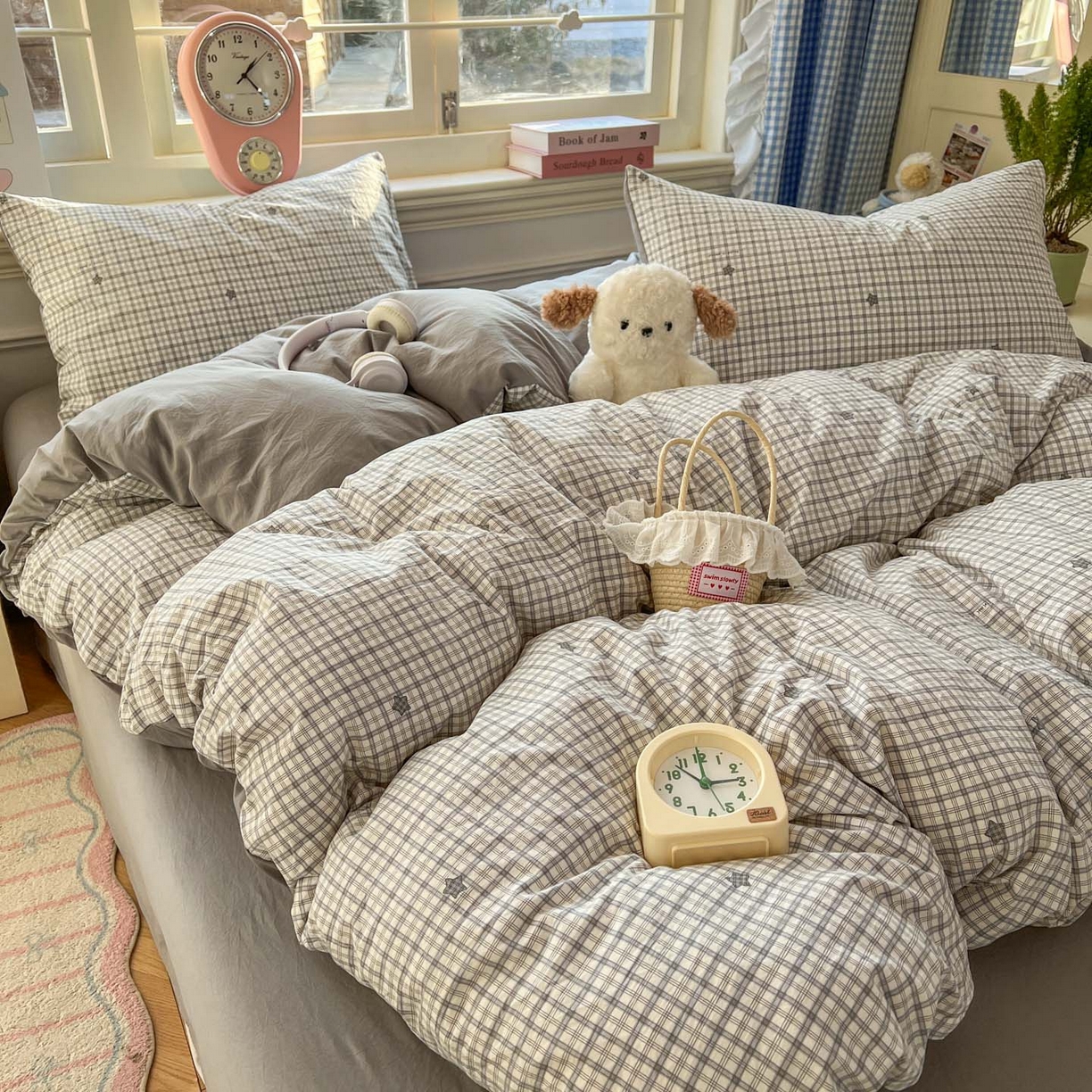 91家纺网 家纺一手货源 找家纺 思诺羽床笠 2026新款古法水洗仿棉云感棉三件套四件套 星星格纹