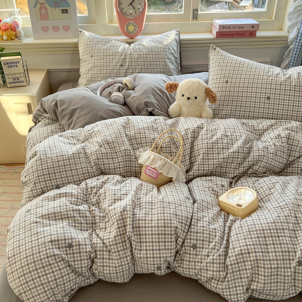 91家纺网 家纺一手货源 找家纺 思诺羽床笠 2026新款古法水洗仿棉云感棉三件套四件套 星星格纹