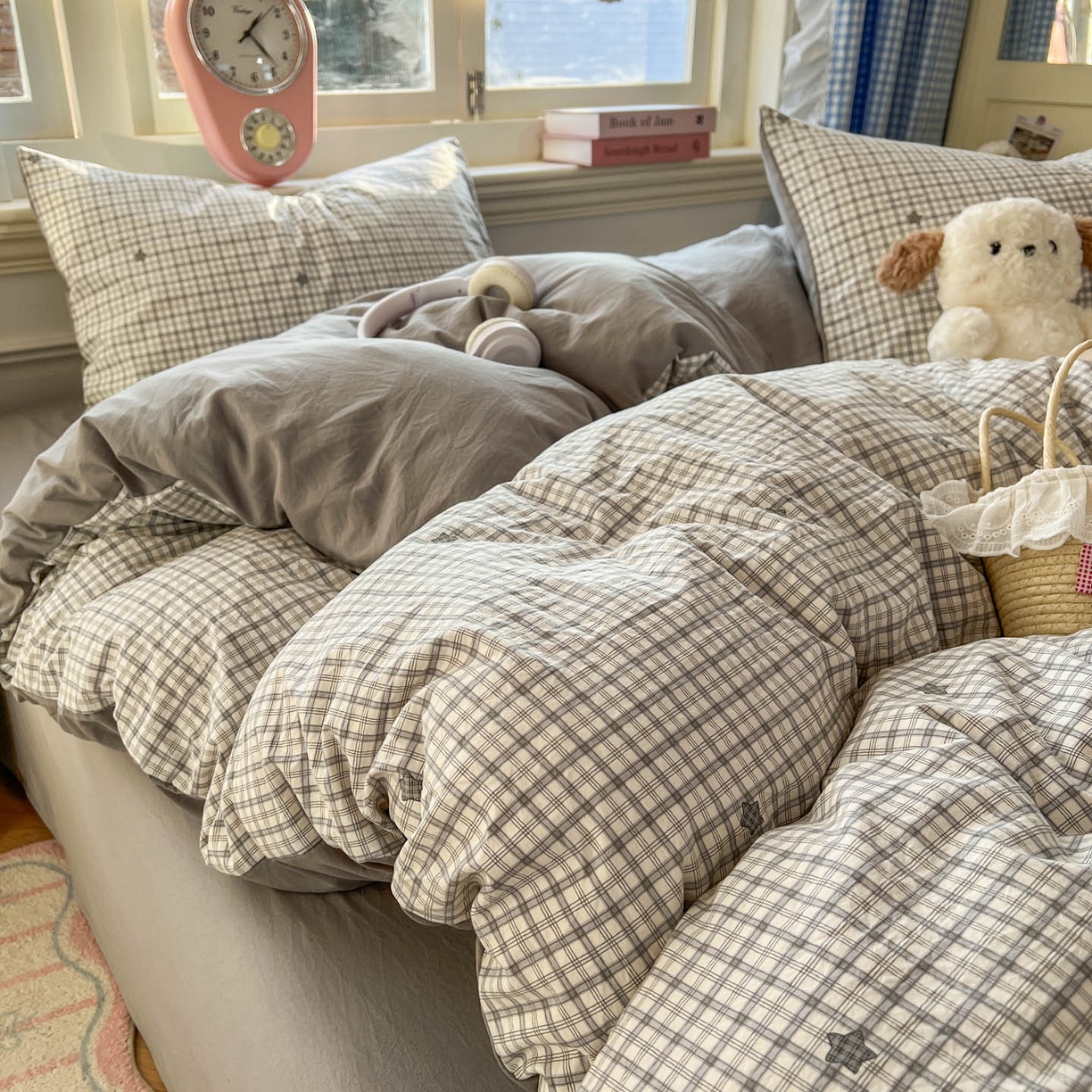 91家纺网 家纺一手货源 找家纺 思诺羽床笠 2026新款古法水洗仿棉云感棉三件套四件套 星星格纹