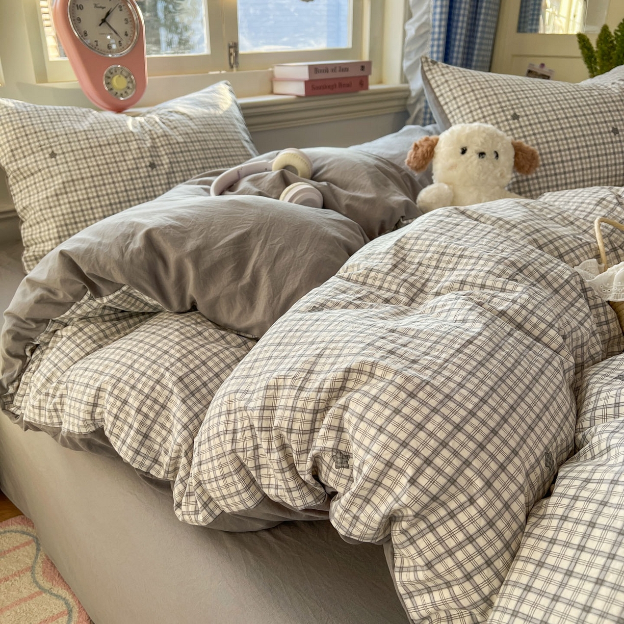 91家纺网 家纺一手货源 找家纺 思诺羽床笠 2026新款古法水洗仿棉云感棉三件套四件套 星星格纹