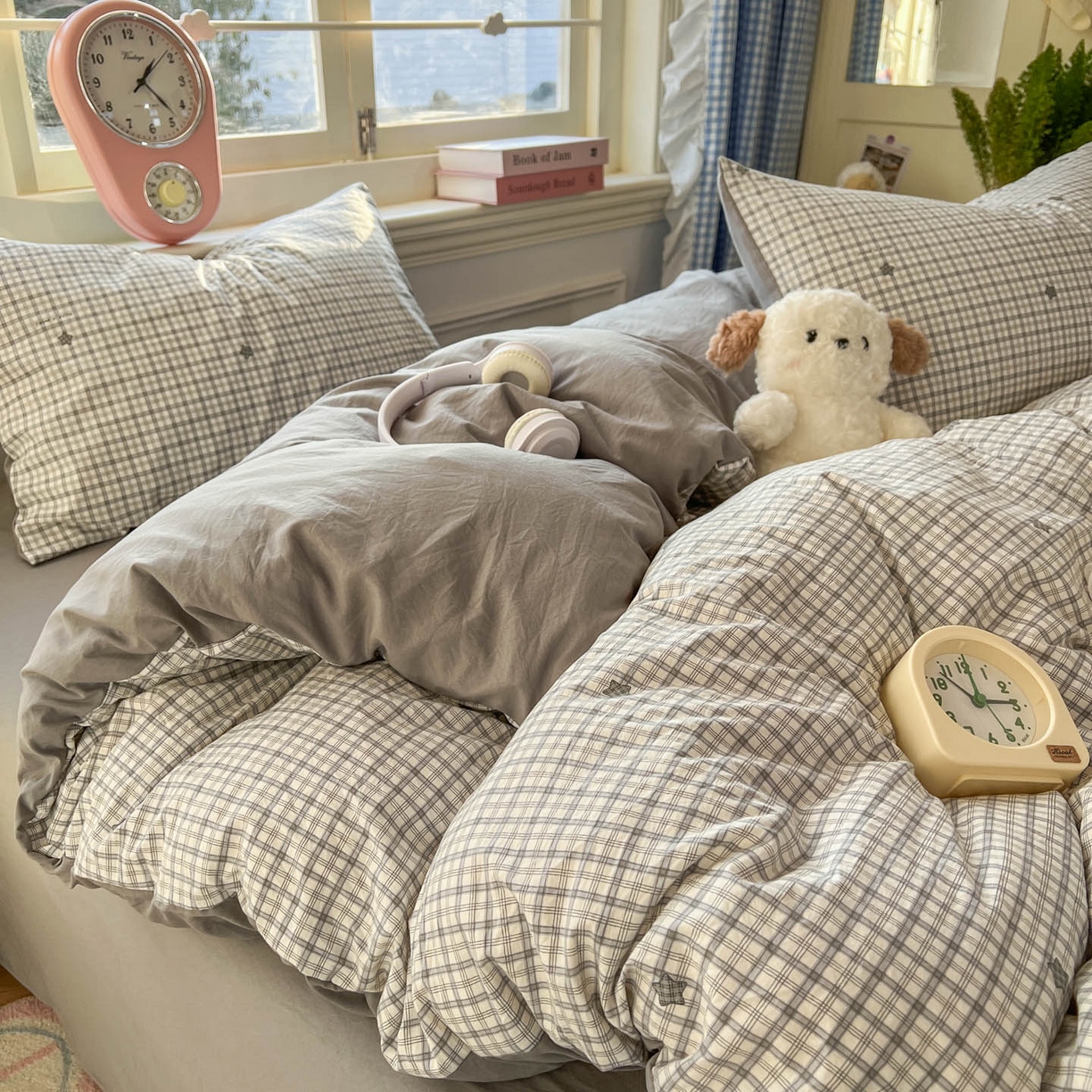 91家纺网 家纺一手货源 找家纺 思诺羽床笠 2026新款古法水洗仿棉云感棉三件套四件套 星星格纹