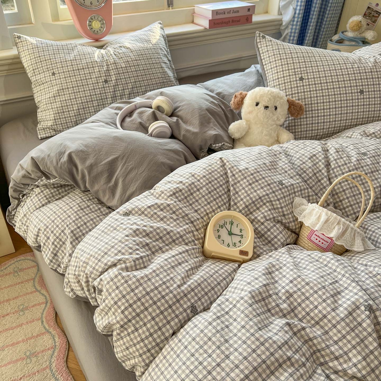 91家纺网 家纺一手货源 找家纺 思诺羽床笠 2026新款古法水洗仿棉云感棉三件套四件套 星星格纹