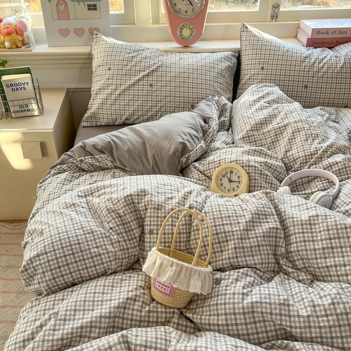 91家纺网 家纺一手货源 找家纺 思诺羽床笠 2026新款古法水洗仿棉云感棉三件套四件套 星星格纹