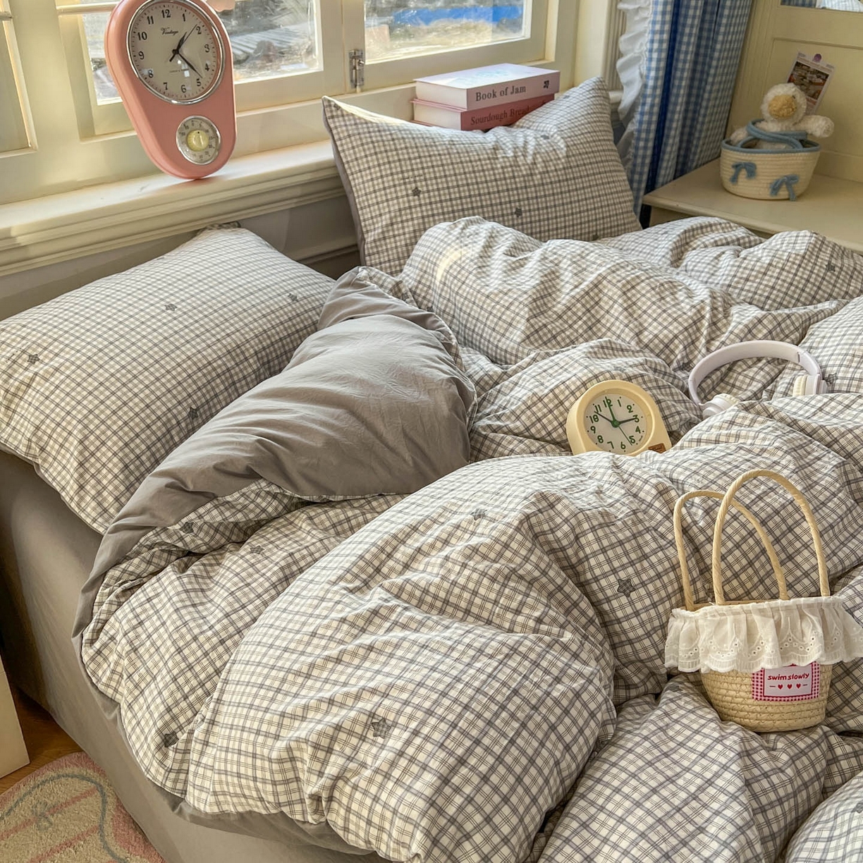 91家纺网 家纺一手货源 找家纺 思诺羽床笠 2026新款古法水洗仿棉云感棉三件套四件套 星星格纹