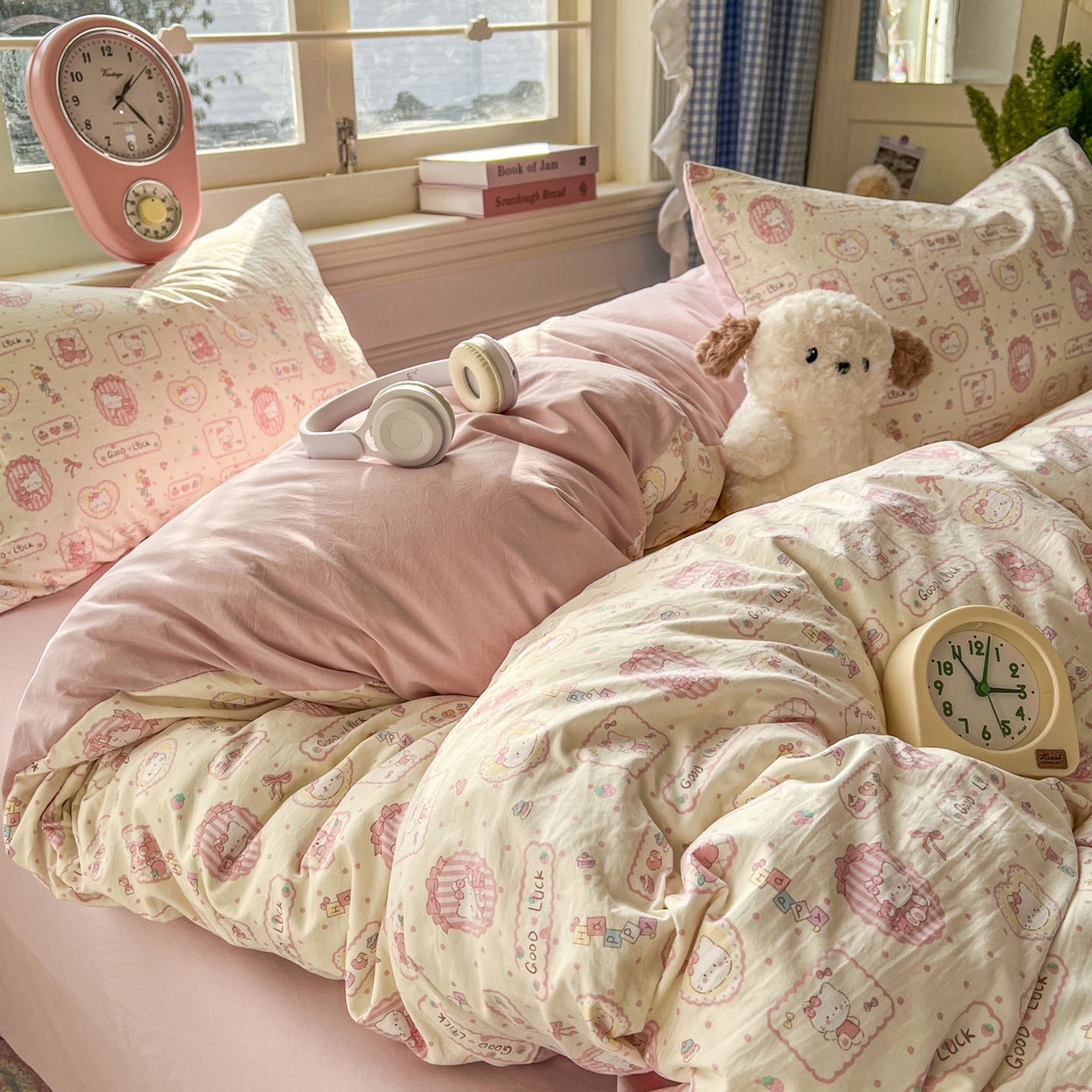 91家纺网 家纺一手货源 找家纺 思诺羽床笠 2026新款古法水洗仿棉云感棉三件套四件套 Kitty猫