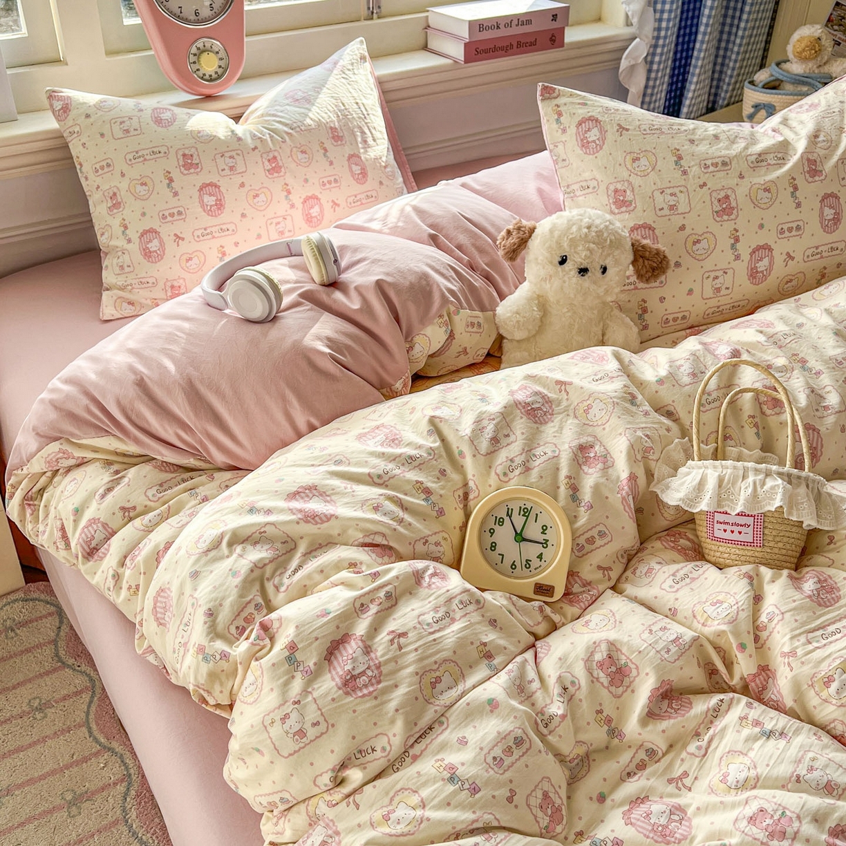 91家纺网 家纺一手货源 找家纺 思诺羽床笠 2026新款古法水洗仿棉云感棉三件套四件套 Kitty猫