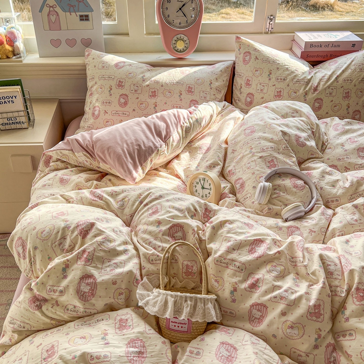 91家纺网 家纺一手货源 找家纺 思诺羽床笠 2026新款古法水洗仿棉云感棉三件套四件套 Kitty猫