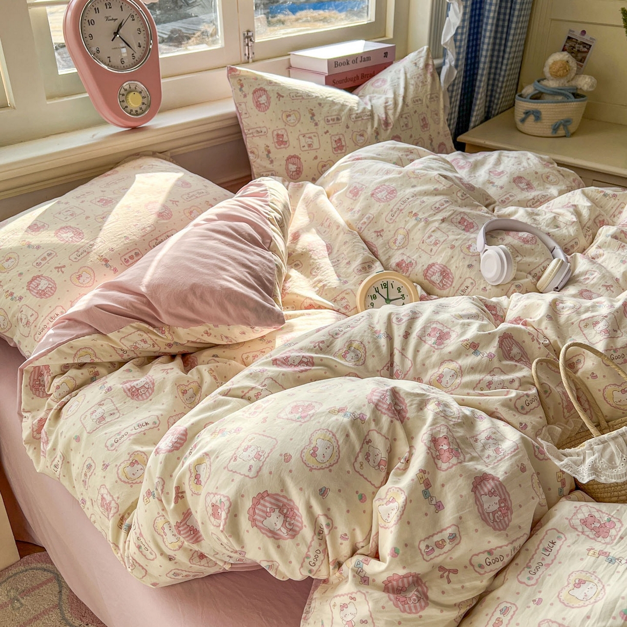 91家纺网 家纺一手货源 找家纺 思诺羽床笠 2026新款古法水洗仿棉云感棉三件套四件套 Kitty猫