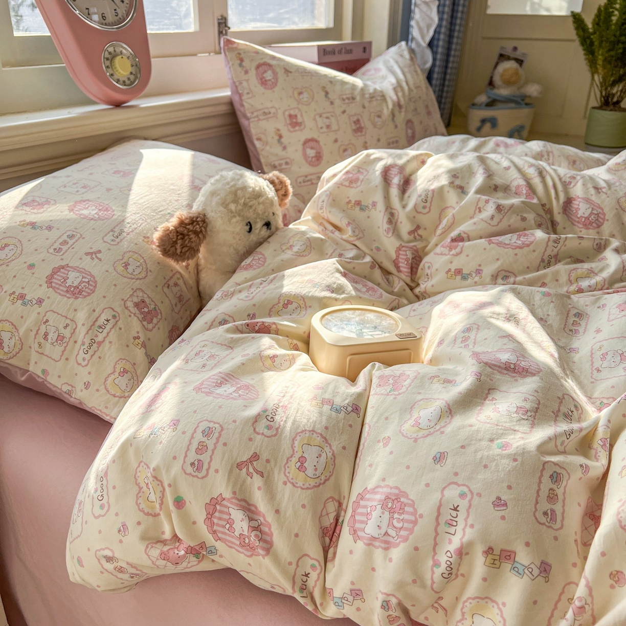 91家纺网 家纺一手货源 找家纺 思诺羽床笠 2026新款古法水洗仿棉云感棉三件套四件套 Kitty猫