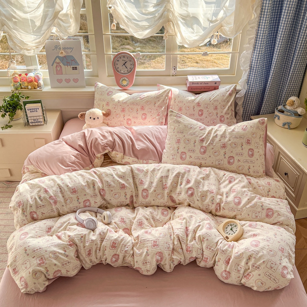 91家纺网 家纺一手货源 找家纺 思诺羽床笠 2026新款古法水洗仿棉云感棉三件套四件套 Kitty猫