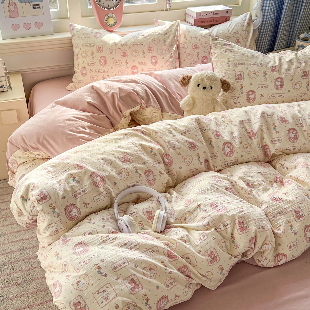 91家纺网 家纺一手货源 找家纺 思诺羽床笠 2026新款古法水洗仿棉云感棉三件套四件套 Kitty猫