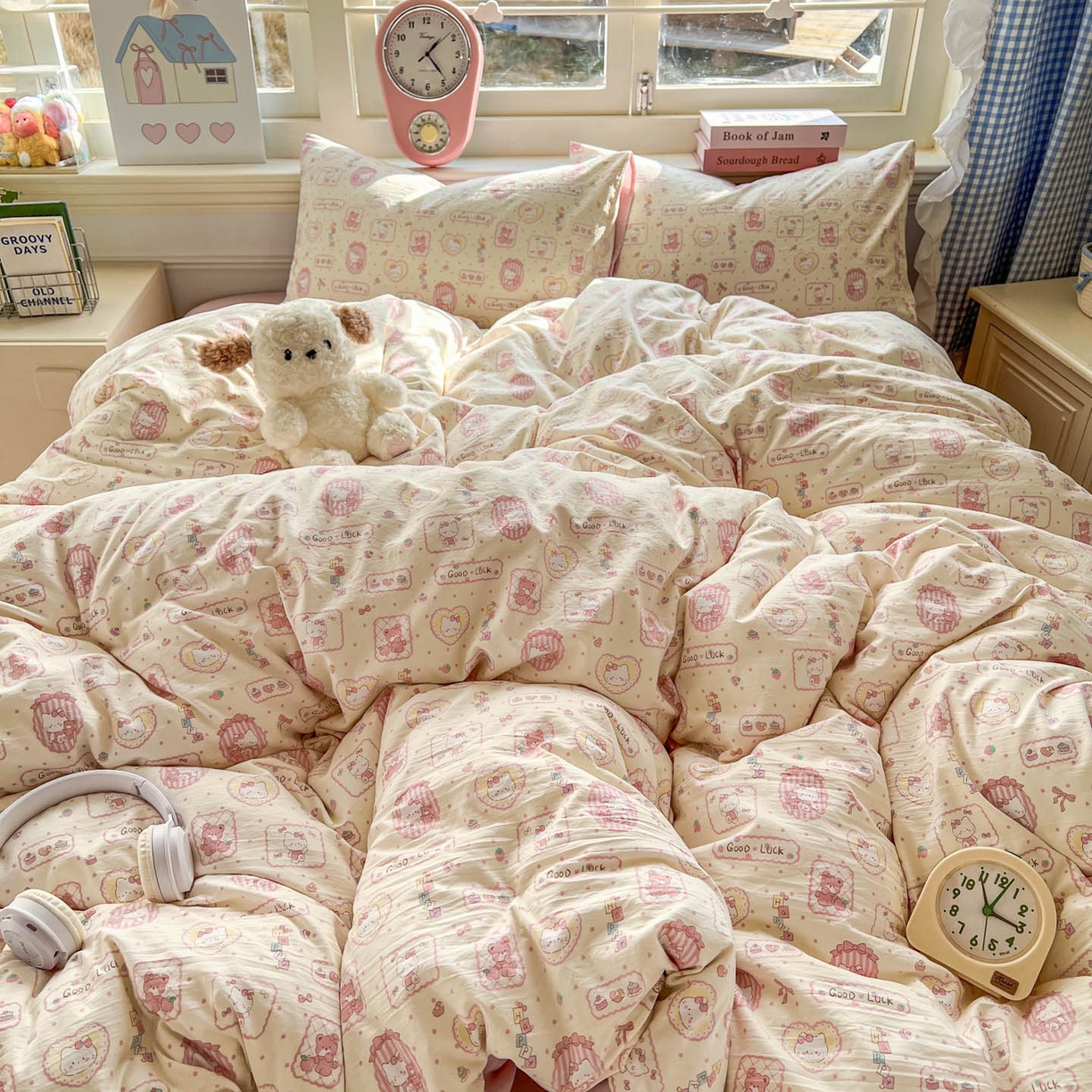 91家纺网 家纺一手货源 找家纺 思诺羽床笠 2026新款古法水洗仿棉云感棉三件套四件套 Kitty猫