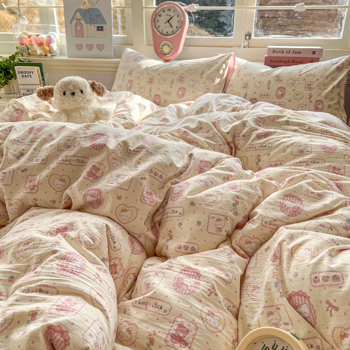 91家纺网 家纺一手货源 找家纺 思诺羽床笠 2026新款古法水洗仿棉云感棉三件套四件套 Kitty猫