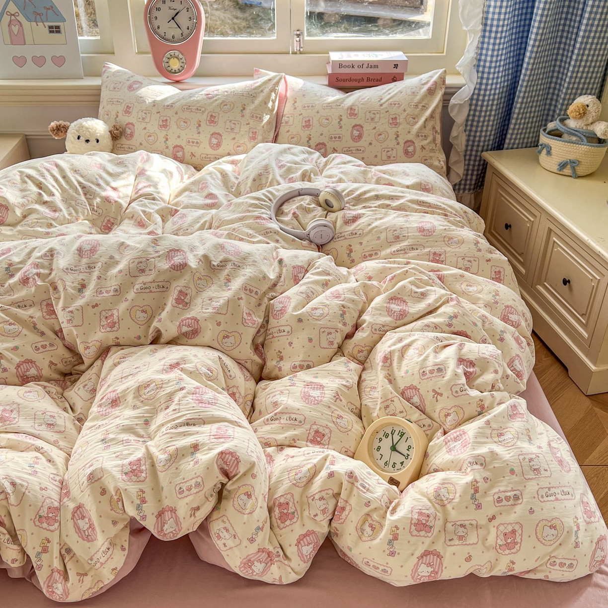 91家纺网 家纺一手货源 找家纺 思诺羽床笠 2026新款古法水洗仿棉云感棉三件套四件套 Kitty猫