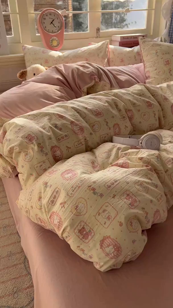 91家纺网 家纺一手货源 找家纺 思诺羽床笠 2026新款古法水洗仿棉云感棉三件套四件套 Kitty猫