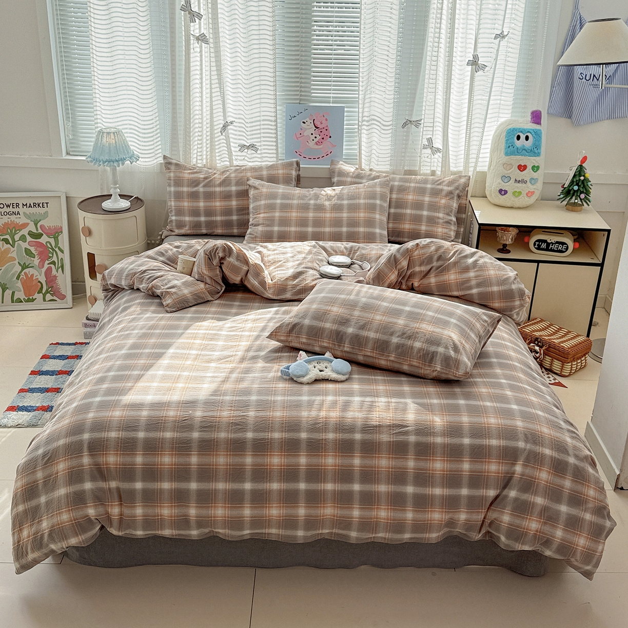 91家纺网 家纺一手货源 找家纺 柠萌家居 2021新款全棉色织水洗棉床品四件套 绅士灰