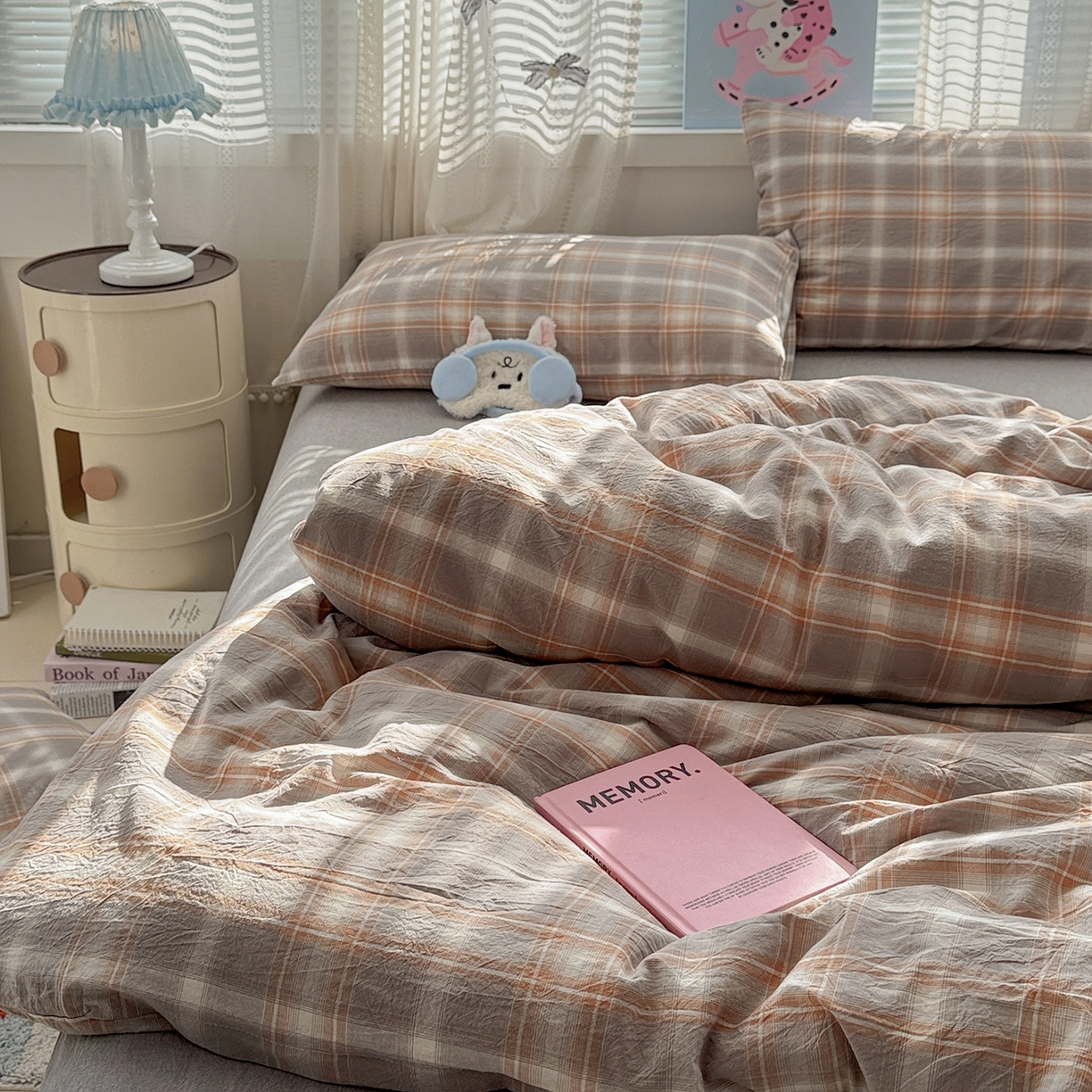 91家纺网 家纺一手货源 找家纺 柠萌家居 2026新款纯棉全棉A类色织水洗棉四件套（可定制尺寸） 诺卡-咖