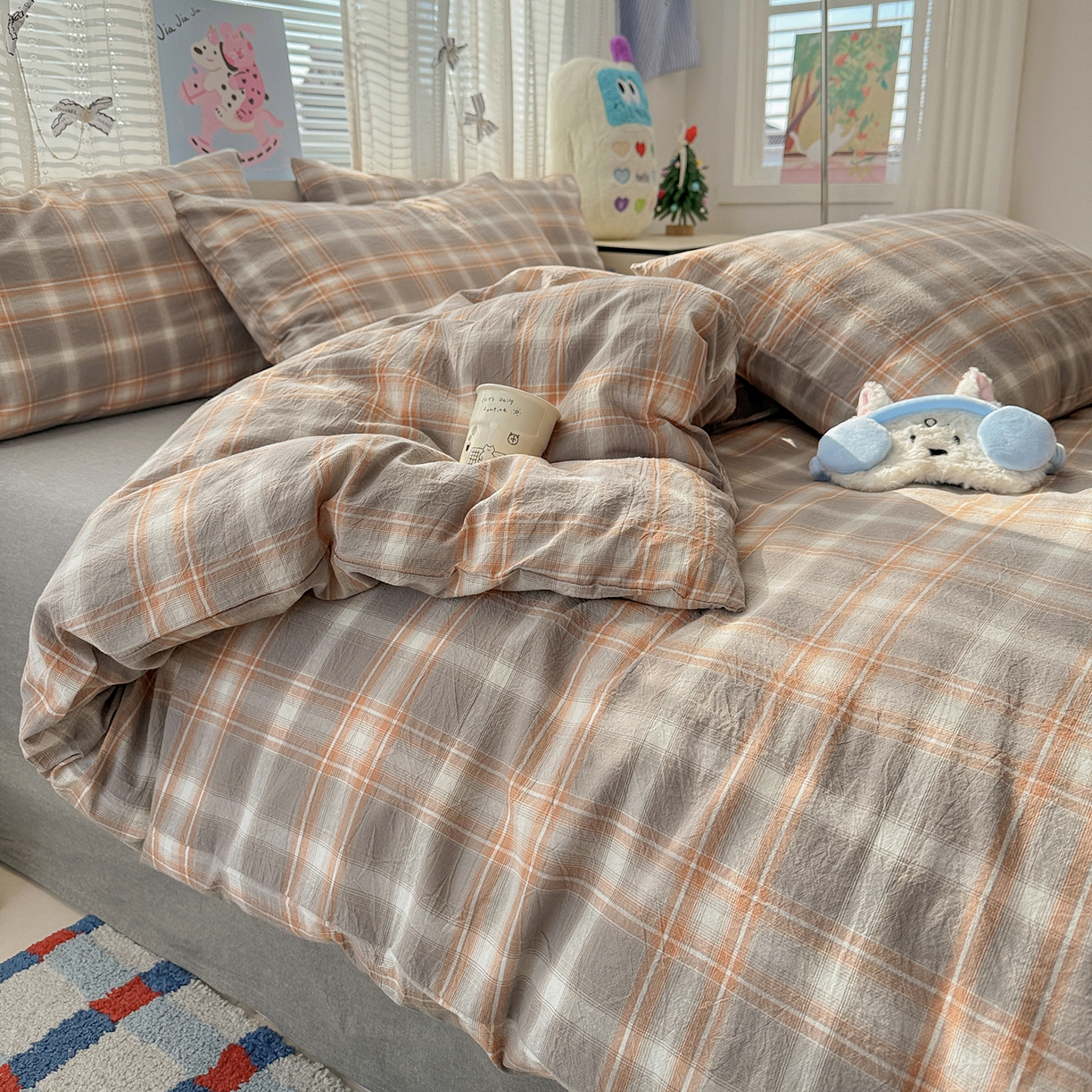 91家纺网 家纺一手货源 找家纺 柠萌家居 2026新款纯棉全棉A类色织水洗棉四件套（可定制尺寸） 诺卡-咖