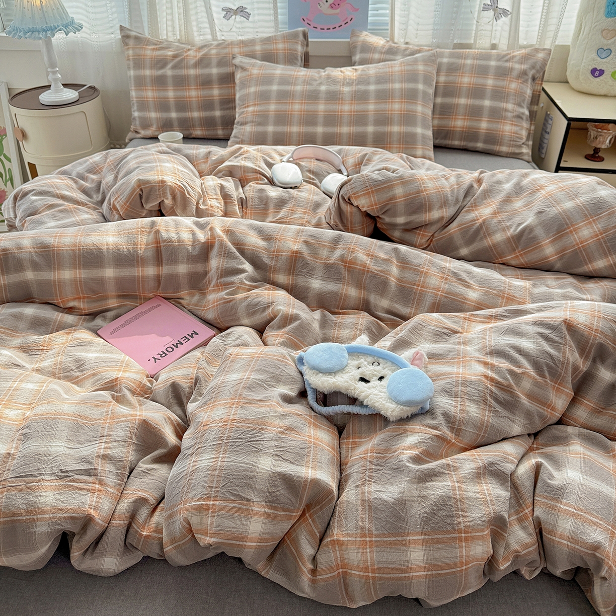 91家纺网 家纺一手货源 找家纺 柠萌家居 2026新款纯棉全棉A类色织水洗棉四件套（可定制尺寸） 诺卡-咖