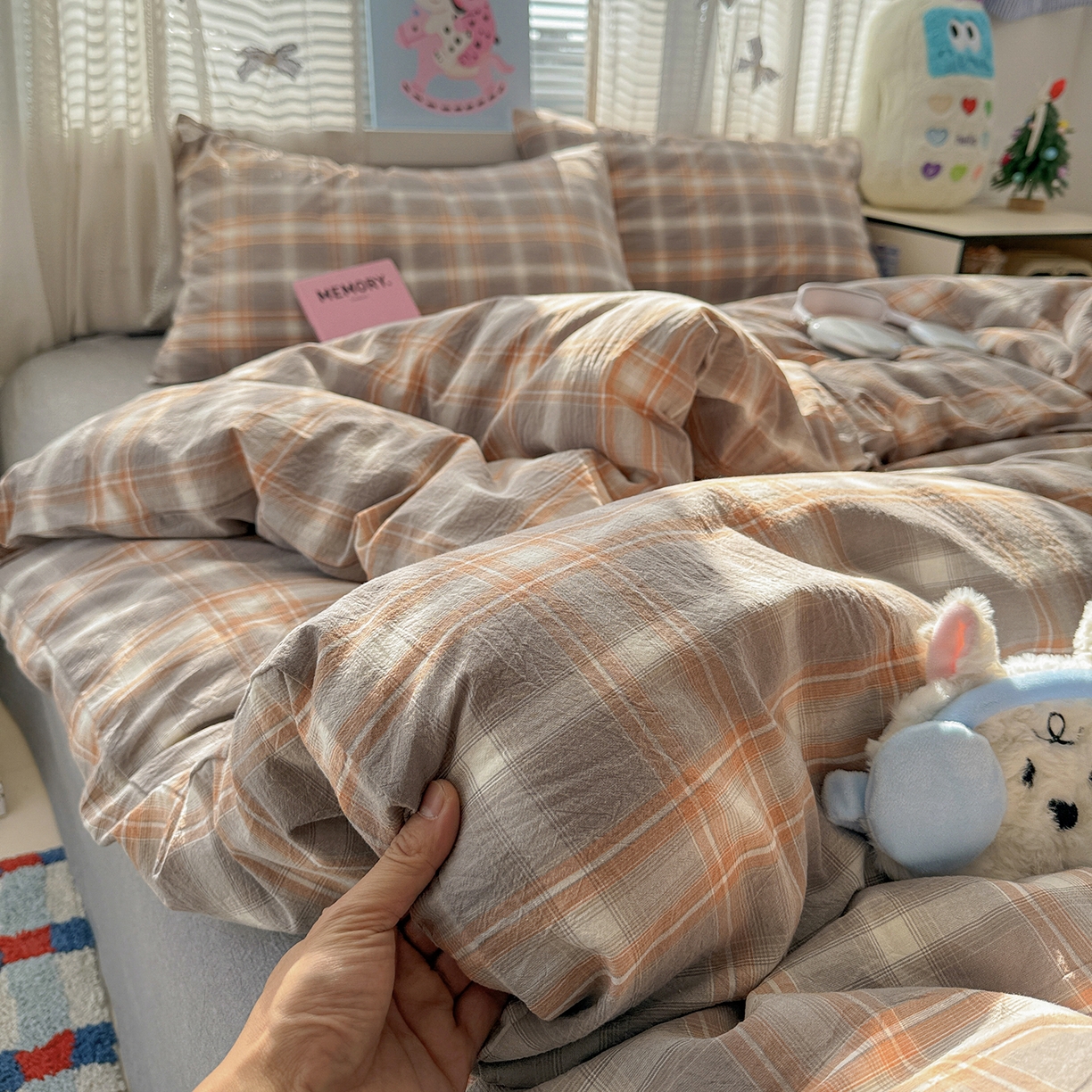 91家纺网 家纺一手货源 找家纺 柠萌家居 2026新款纯棉全棉A类色织水洗棉四件套（可定制尺寸） 诺卡-咖