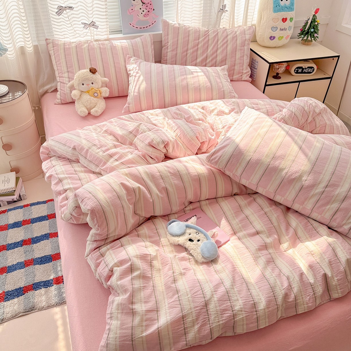 91家纺网 家纺一手货源 找家纺 柠萌家居 2026新款纯棉全棉A类色织水洗棉四件套（可定制尺寸） 倾城-粉