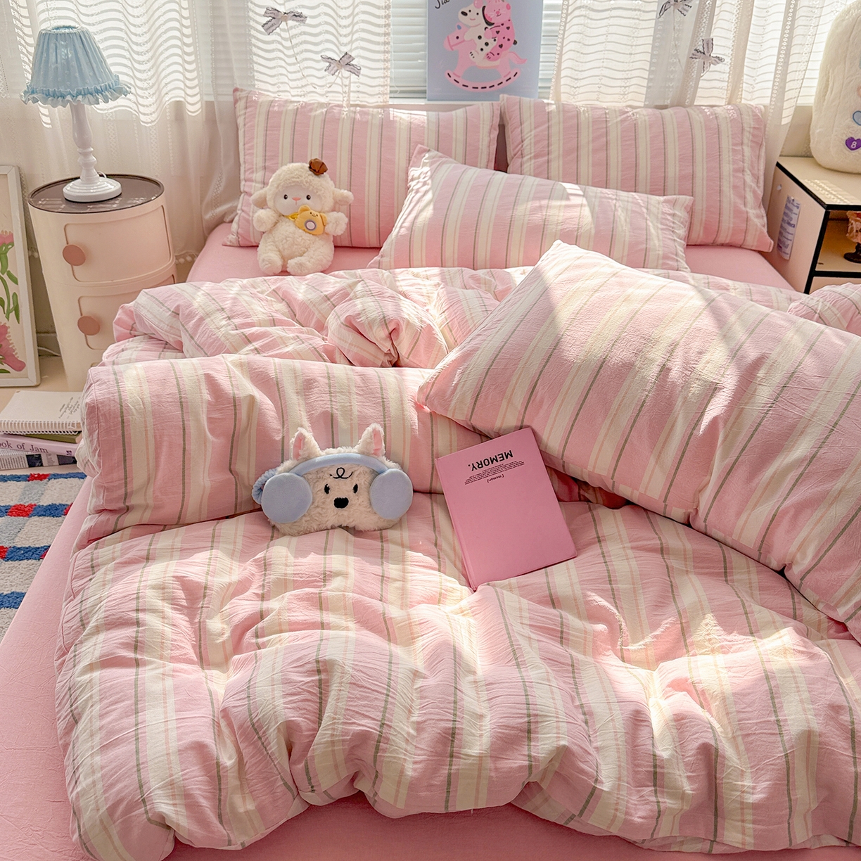 91家纺网 家纺一手货源 找家纺 柠萌家居 2026新款纯棉全棉A类色织水洗棉四件套（可定制尺寸） 倾城-粉