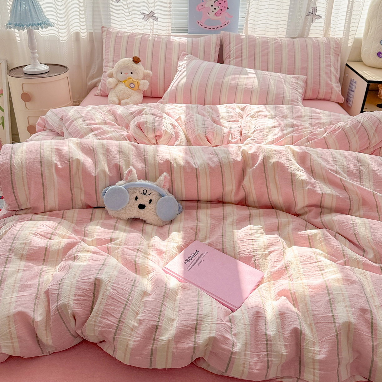 91家纺网 家纺一手货源 找家纺 柠萌家居 2026新款纯棉全棉A类色织水洗棉四件套（可定制尺寸） 倾城-粉