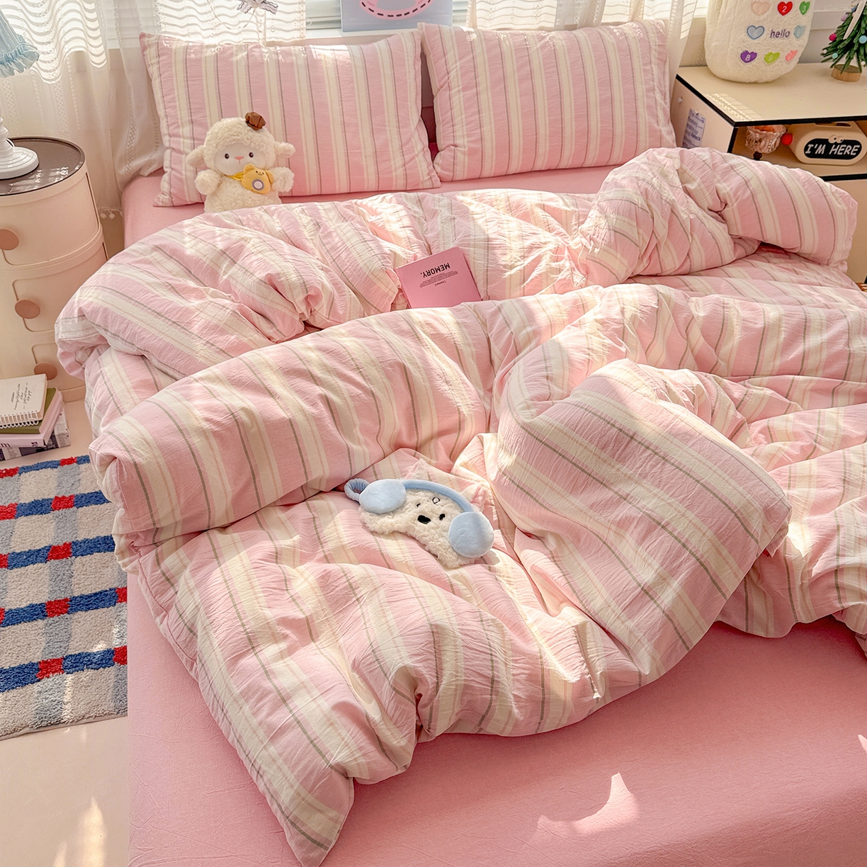 91家纺网 家纺一手货源 找家纺 柠萌家居 2026新款纯棉全棉A类色织水洗棉四件套（可定制尺寸） 倾城-粉