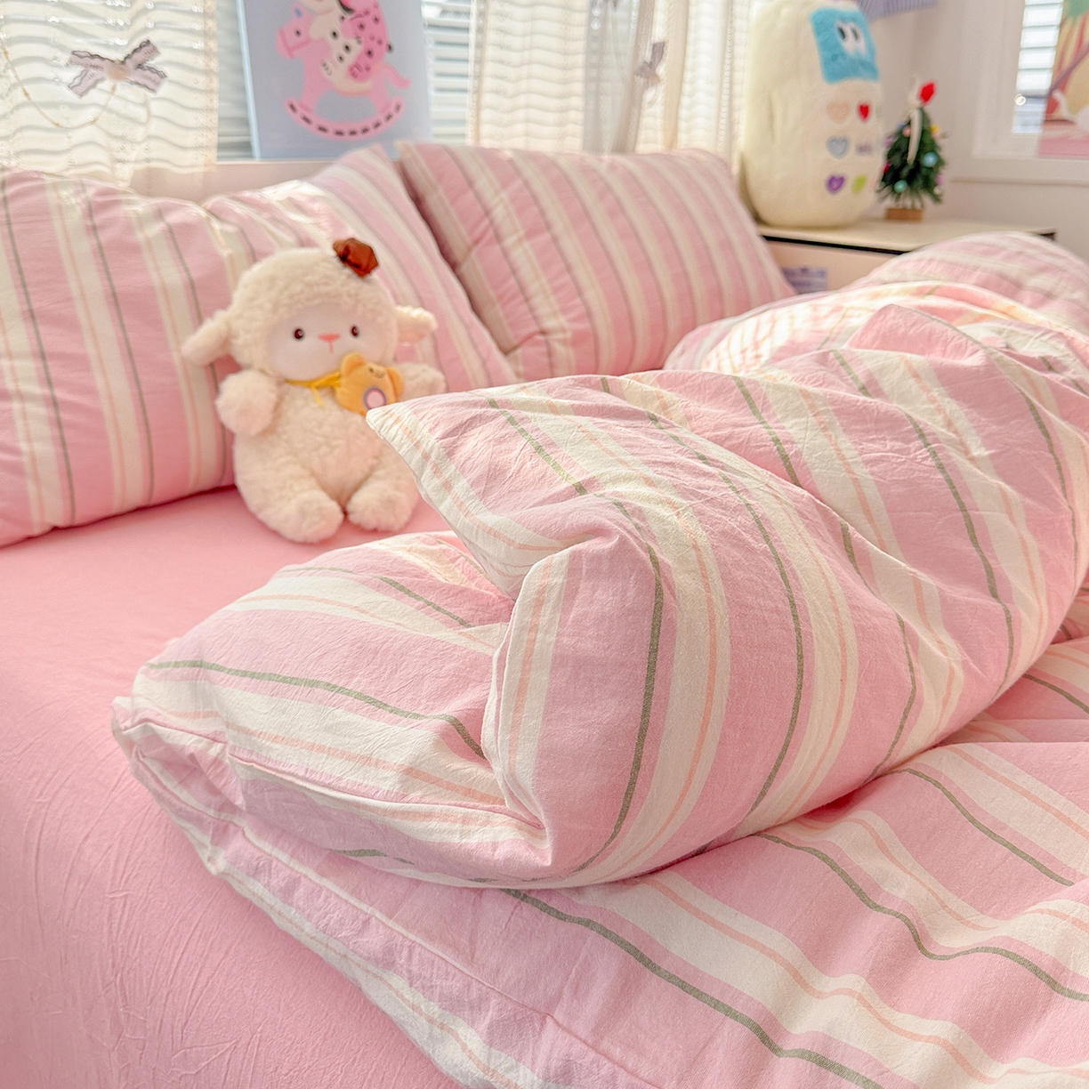 91家纺网 家纺一手货源 找家纺 柠萌家居 2026新款纯棉全棉A类色织水洗棉四件套（可定制尺寸） 倾城-粉