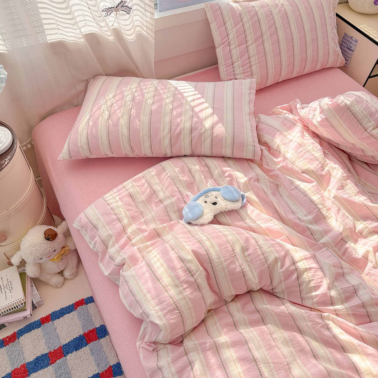 91家纺网 家纺一手货源 找家纺 柠萌家居 2026新款纯棉全棉A类色织水洗棉四件套（可定制尺寸） 倾城-粉