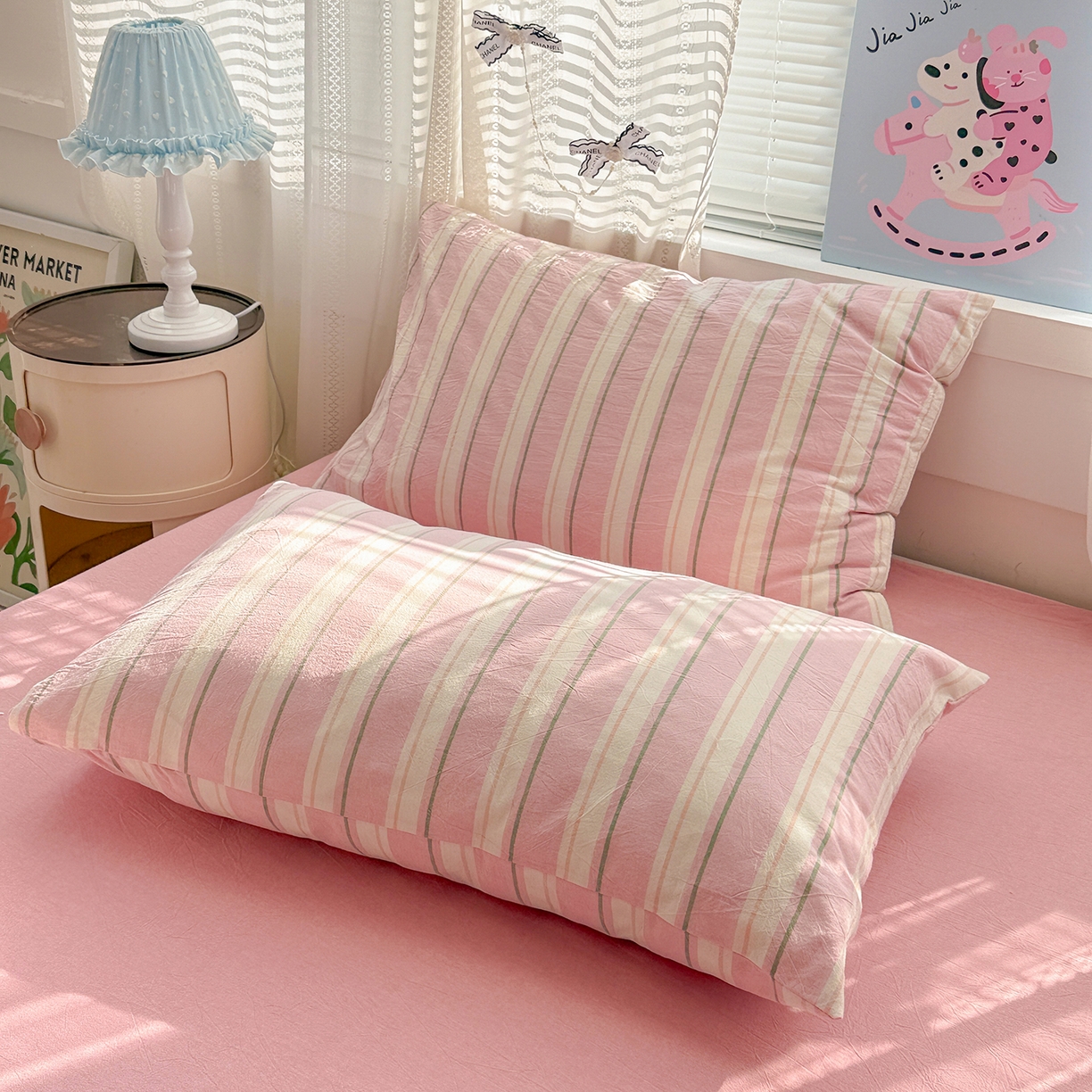 91家纺网 家纺一手货源 找家纺 柠萌家居 2026新款纯棉全棉A类色织水洗棉四件套（可定制尺寸） 倾城-粉