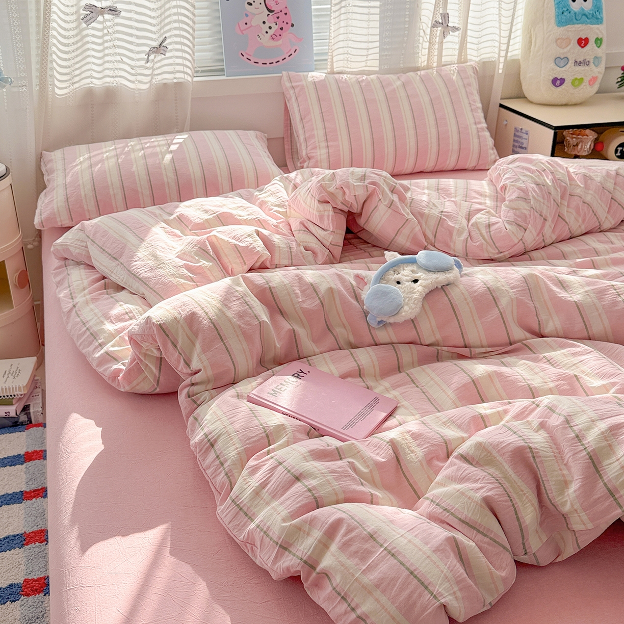 91家纺网 家纺一手货源 找家纺 柠萌家居 2026新款纯棉全棉A类色织水洗棉四件套（可定制尺寸） 倾城-粉