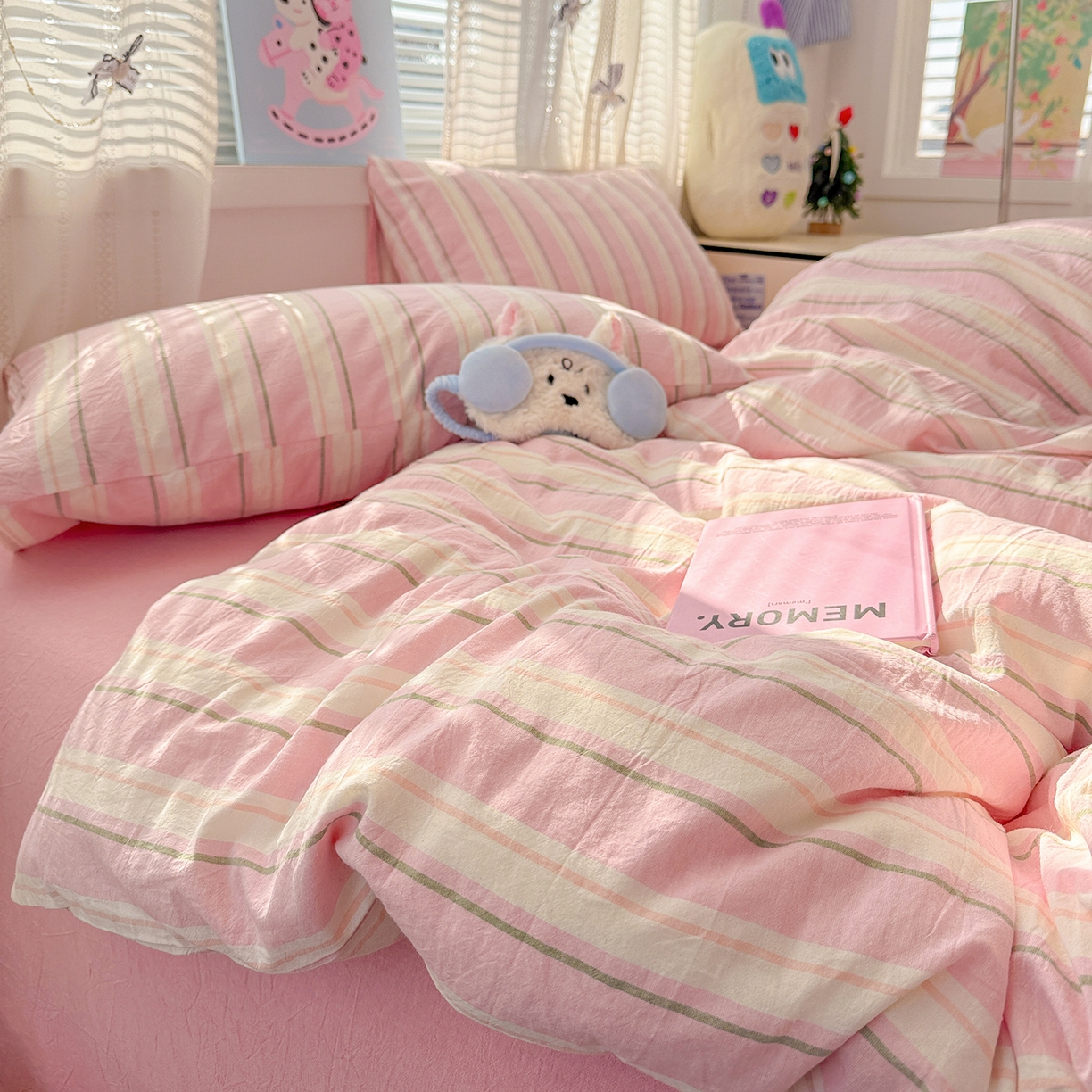 91家纺网 家纺一手货源 找家纺 柠萌家居 2026新款纯棉全棉A类色织水洗棉四件套（可定制尺寸） 倾城-粉