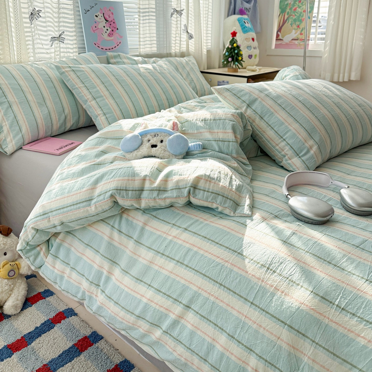 91家纺网 家纺一手货源 找家纺 柠萌家居 2026新款纯棉全棉A类色织水洗棉四件套（可定制尺寸） 倾城-蓝