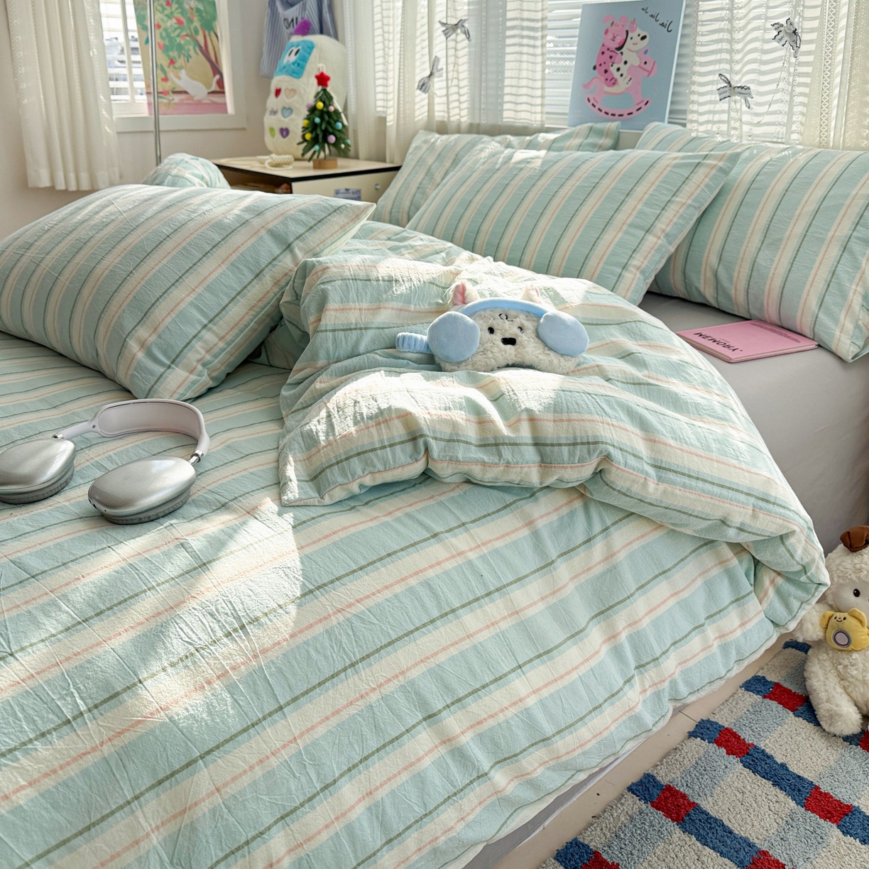 91家纺网 家纺一手货源 找家纺 柠萌家居 2026新款纯棉全棉A类色织水洗棉四件套（可定制尺寸） 倾城-蓝