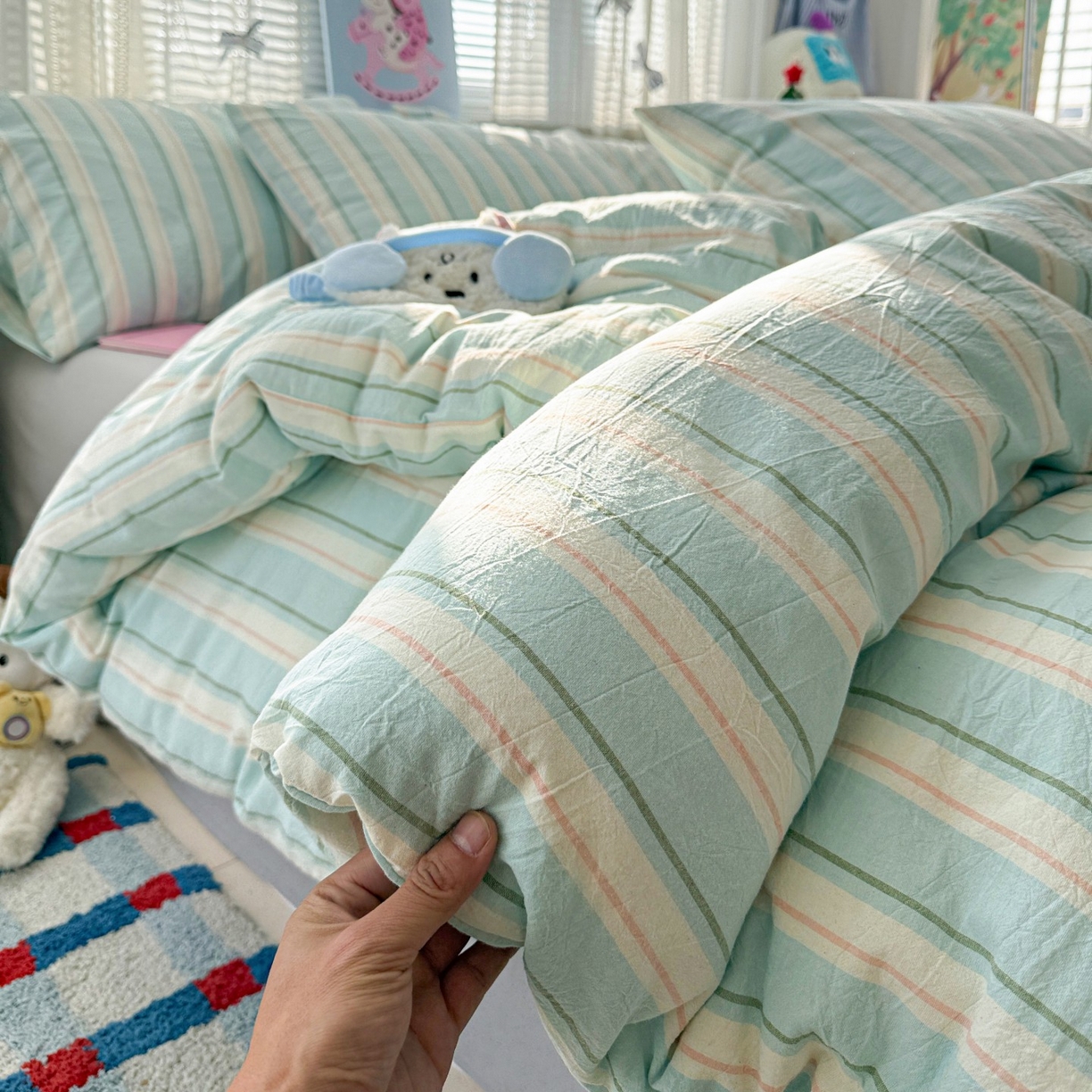 91家纺网 家纺一手货源 找家纺 柠萌家居 2026新款纯棉全棉A类色织水洗棉四件套（可定制尺寸） 倾城-蓝