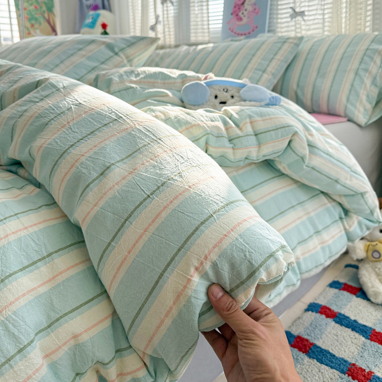 91家纺网 家纺一手货源 找家纺 柠萌家居 2026新款纯棉全棉A类色织水洗棉四件套（可定制尺寸） 倾城-蓝