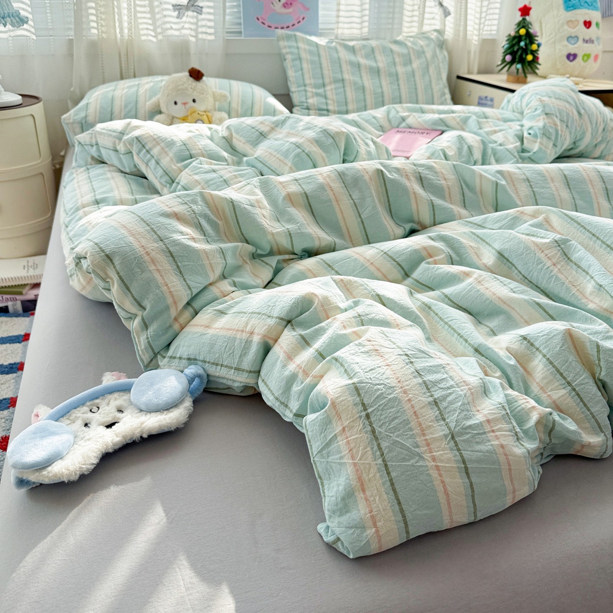 91家纺网 家纺一手货源 找家纺 柠萌家居 2026新款纯棉全棉A类色织水洗棉四件套（可定制尺寸） 倾城-蓝