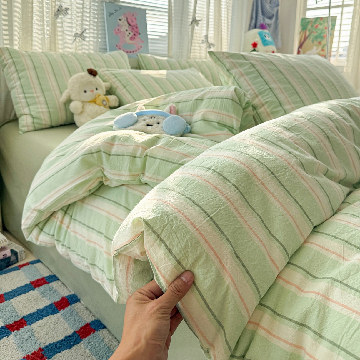 91家纺网 家纺一手货源 找家纺 柠萌家居 2026新款纯棉全棉A类色织水洗棉四件套（可定制尺寸） 倾城-绿