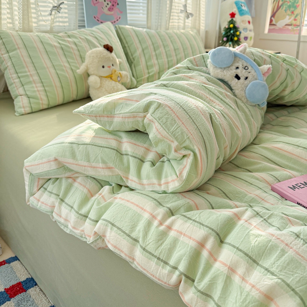 91家纺网 家纺一手货源 找家纺 柠萌家居 2026新款纯棉全棉A类色织水洗棉四件套（可定制尺寸） 倾城-绿