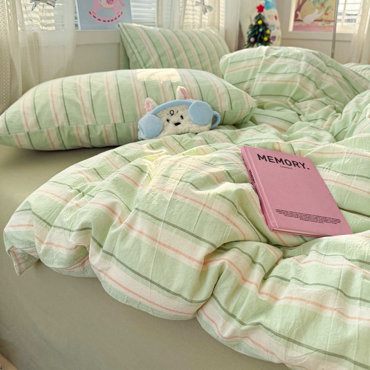 91家纺网 家纺一手货源 找家纺 柠萌家居 2026新款纯棉全棉A类色织水洗棉四件套（可定制尺寸） 倾城-绿