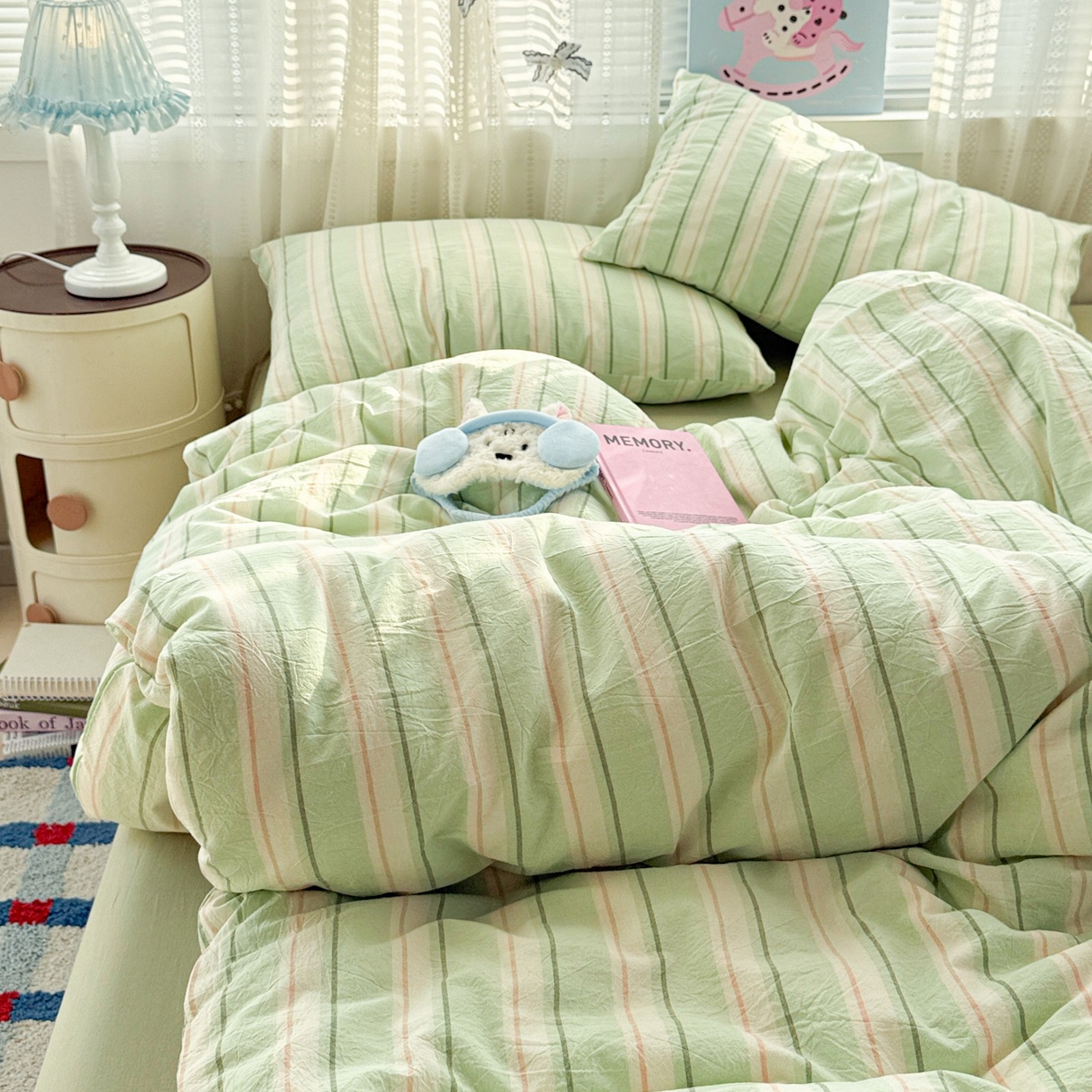 91家纺网 家纺一手货源 找家纺 柠萌家居 2026新款纯棉全棉A类色织水洗棉四件套（可定制尺寸） 倾城-绿