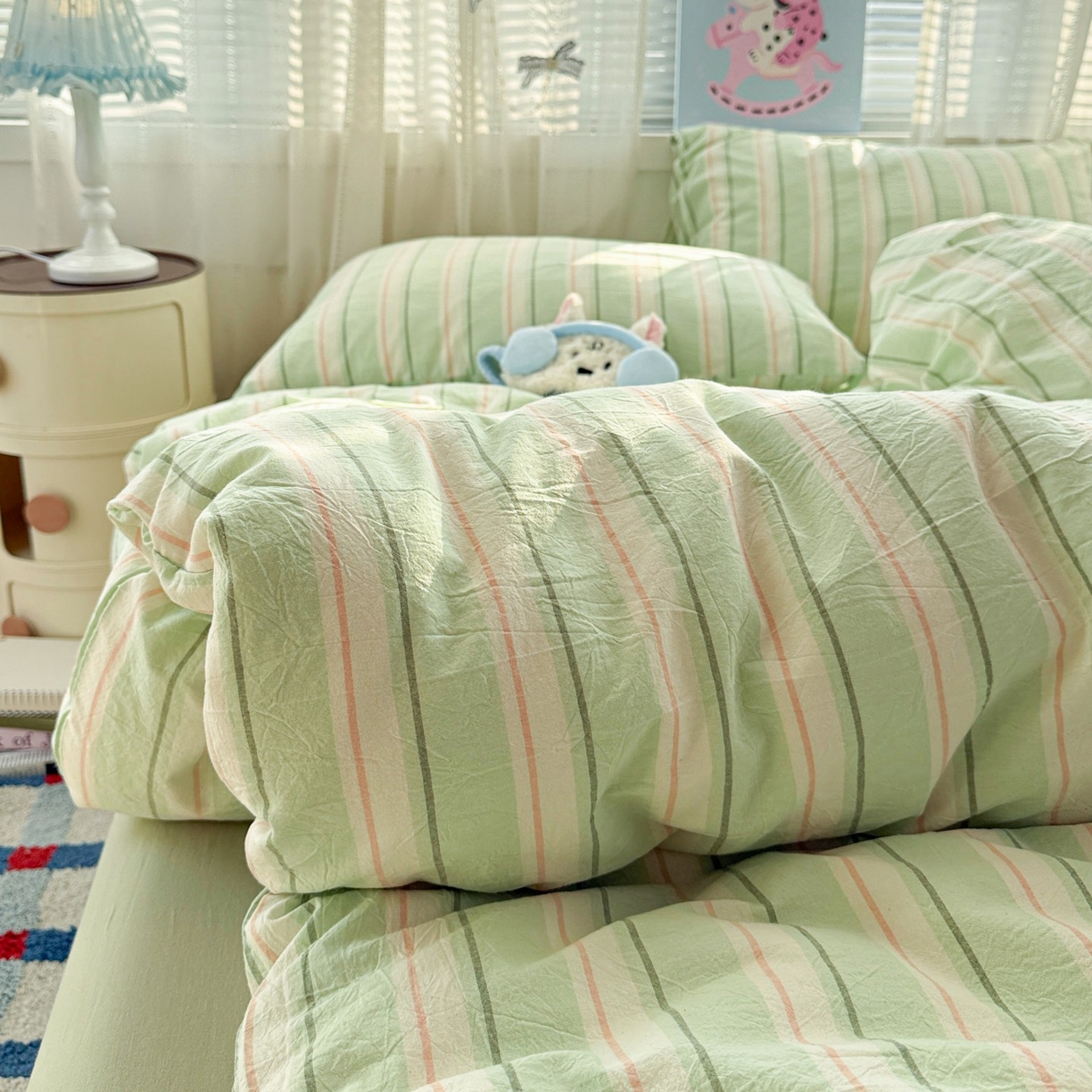 91家纺网 家纺一手货源 找家纺 柠萌家居 2026新款纯棉全棉A类色织水洗棉四件套（可定制尺寸） 倾城-绿