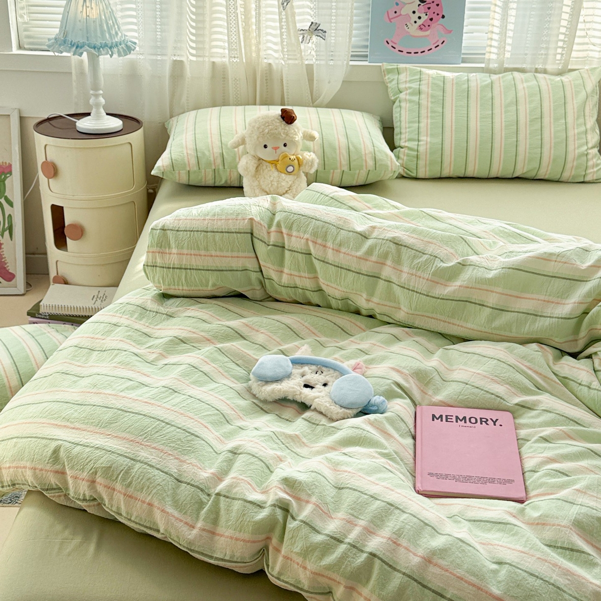 91家纺网 家纺一手货源 找家纺 柠萌家居 2026新款纯棉全棉A类色织水洗棉四件套（可定制尺寸） 倾城-绿